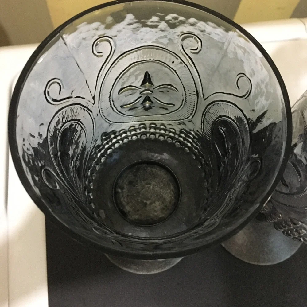 Vtg  Fleur De Lis Metal and Smokey Blue Iridescent Glass GothicCandle Holders